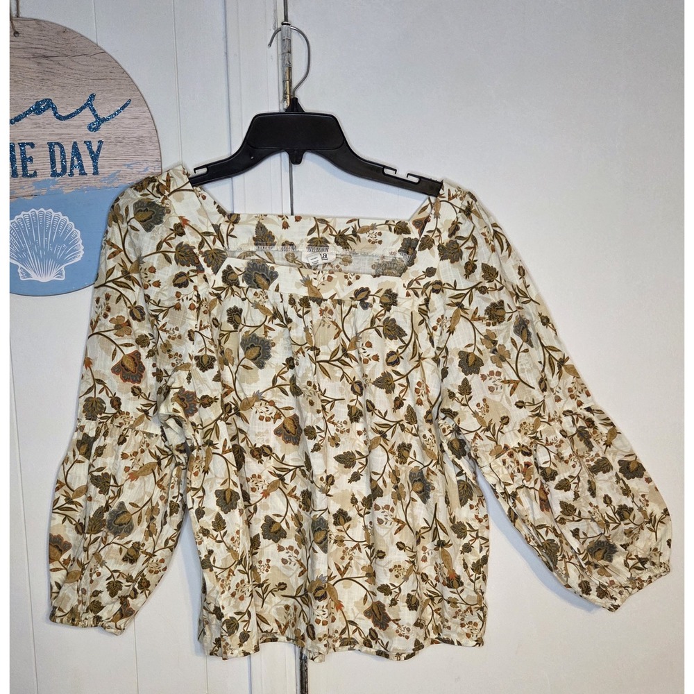 a.n.a a new approach Floral Square Neck Balloon Sleeve Cotton Blouse Petite L